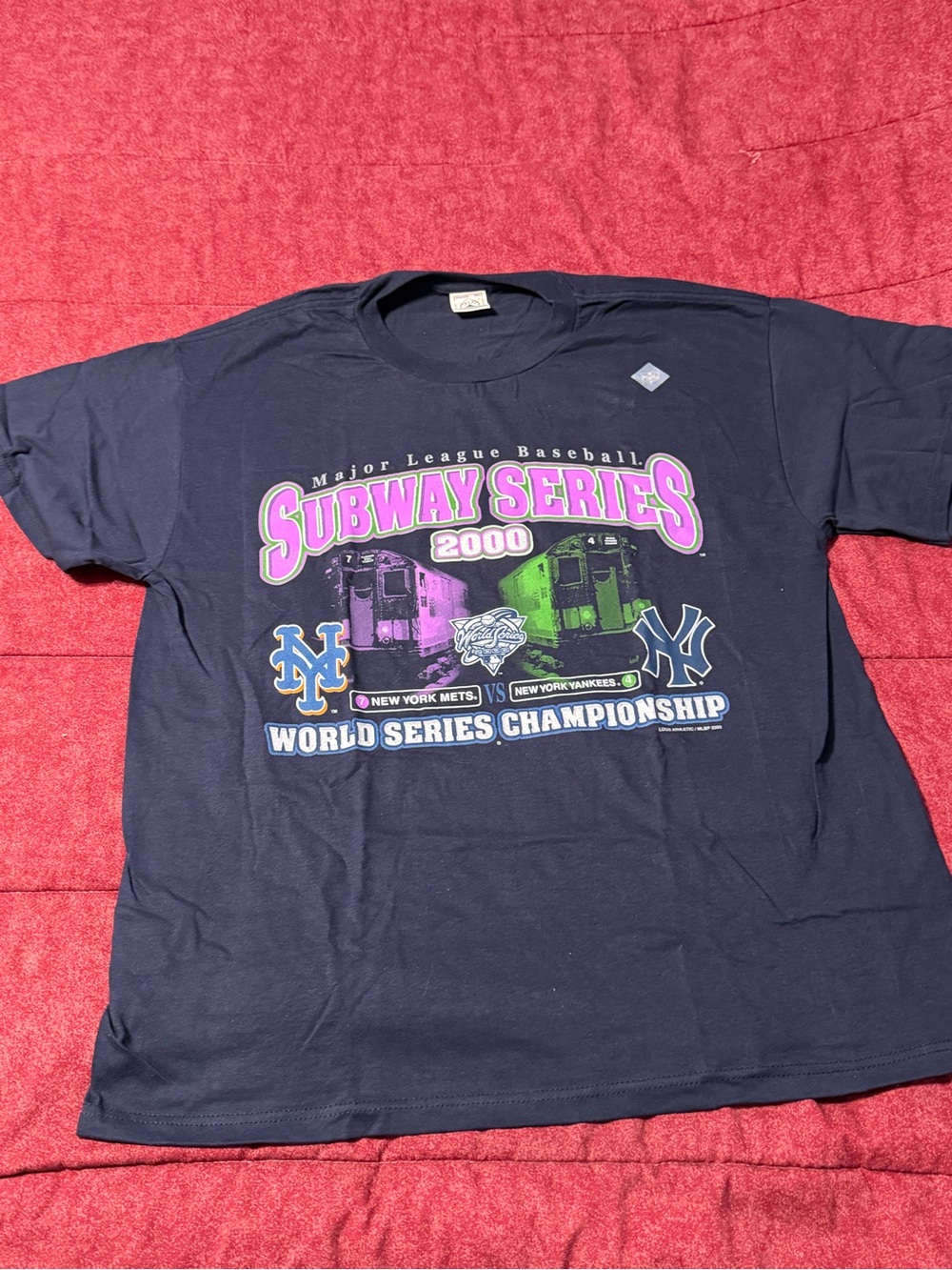 Logo Athletic Navy Subway Series 2000 Graphic Tee with Pink and Green Print